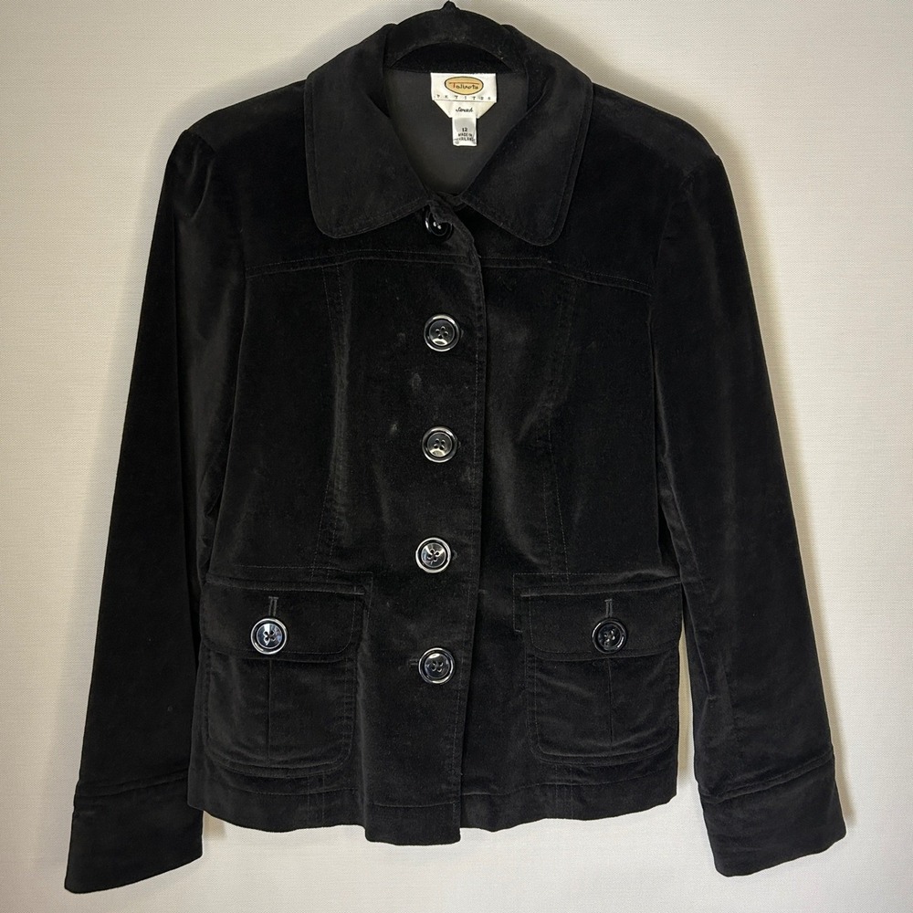 Vintage Talbots Black Stretch Velvet Button Front Jacket 12P Minimal Office Goth